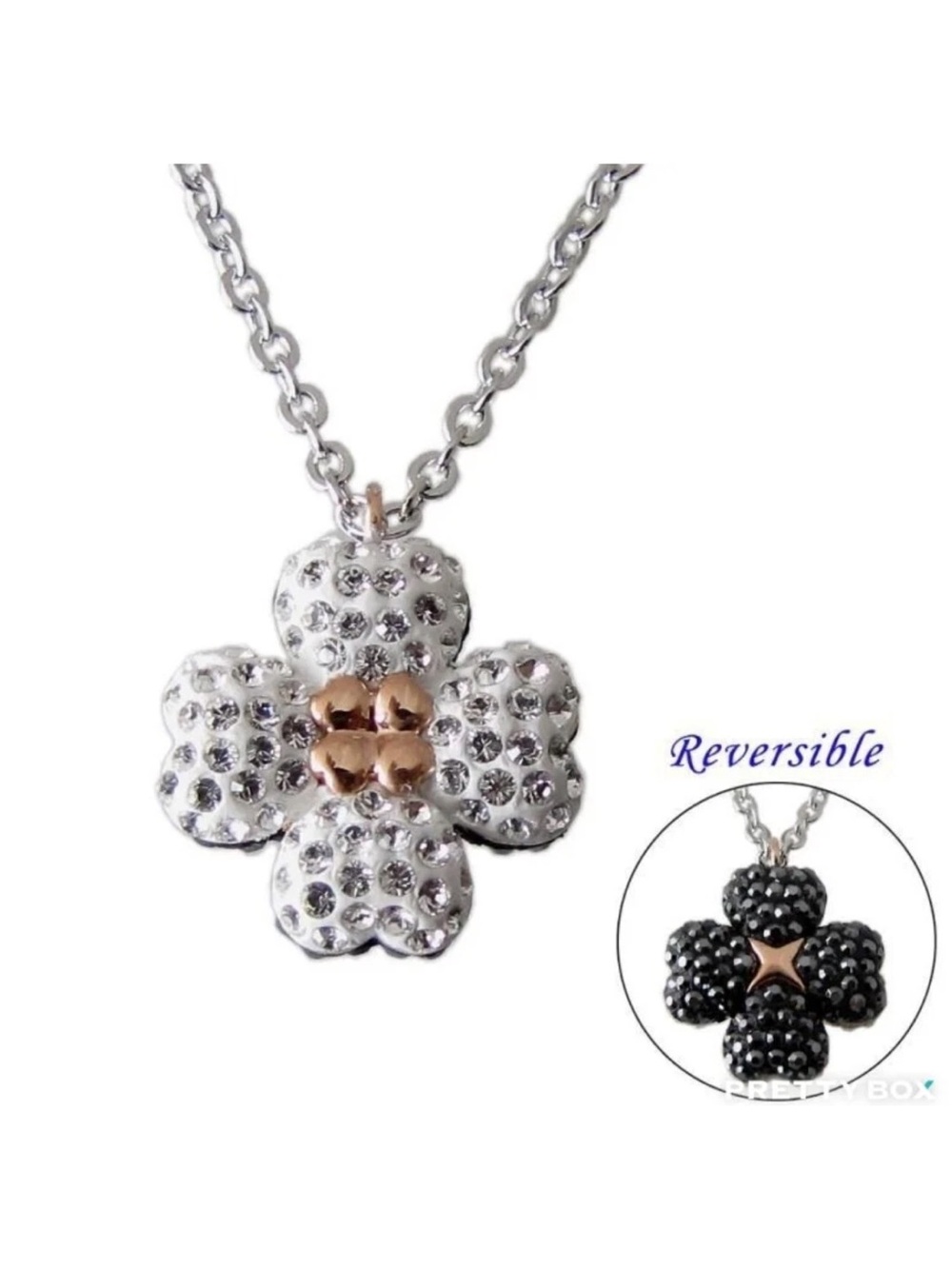 Reversible Swarovski Crystal Flower Pendant Necklace - Silver and Rose Gold